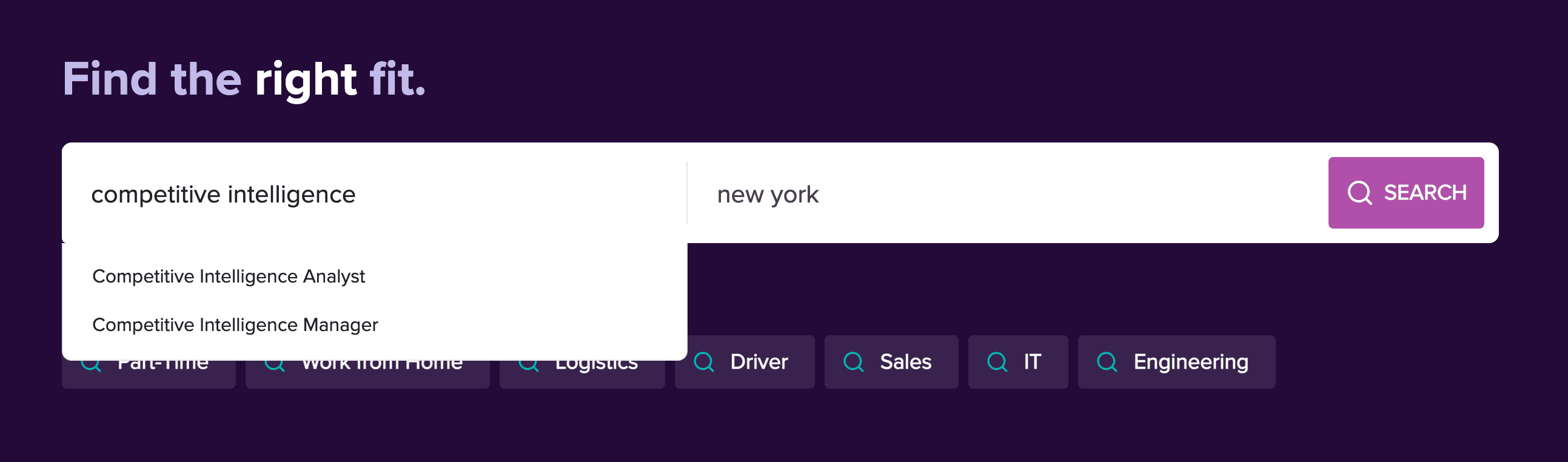 jobs board website search bar with the text 'competitive intelligence analyst'