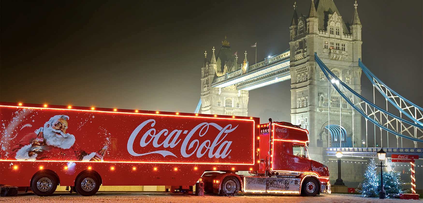 image of london bridge with large red coca cola truck and image of santa