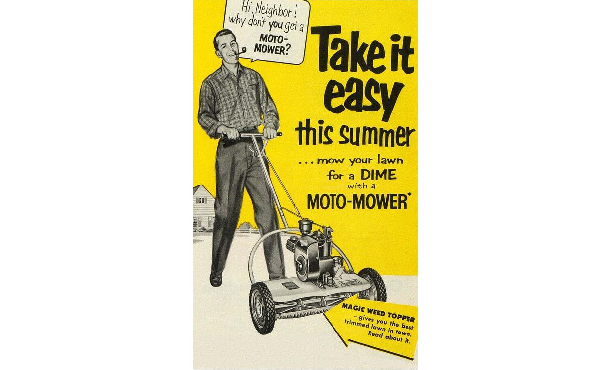 1960s era lawnmower ad featuring man in check shirt holding a lawnmower