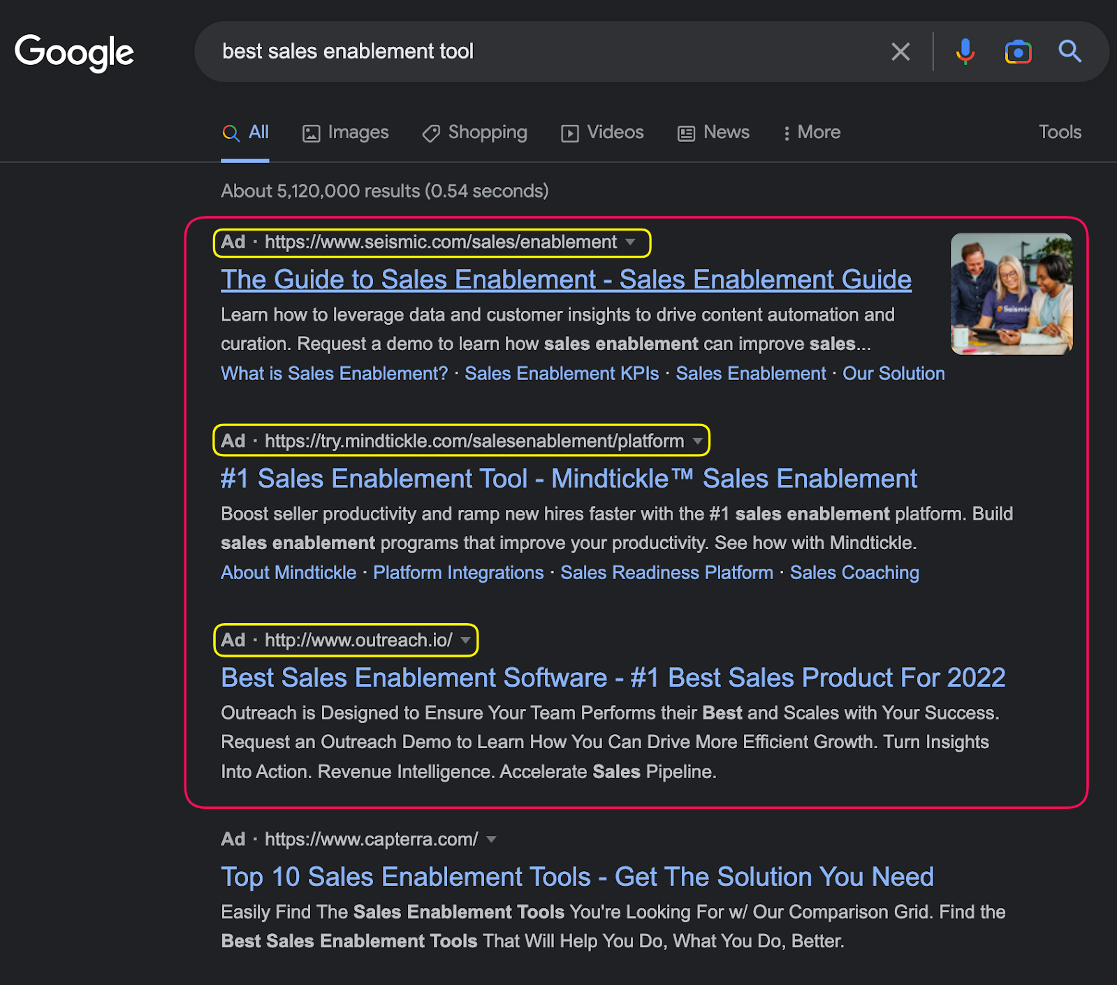 screenshot of google search results page for the term "best sales enablement tools" with the first three results highlighted