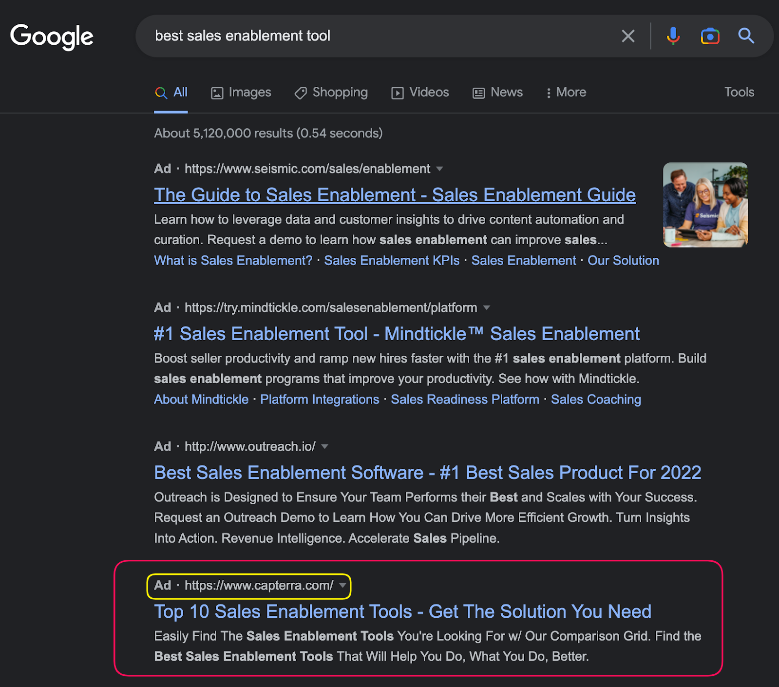 screenshot of google search results page for the term "best sales enablement tools", with the final result highlighted