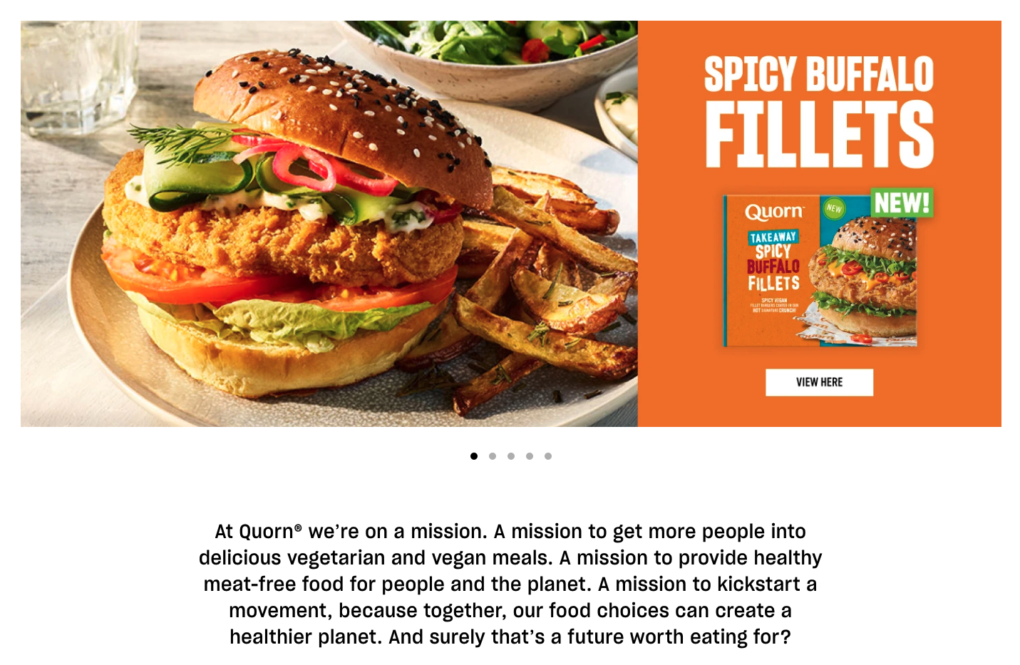 Image of the Quorn website's homepage, featuring a buffalo quorn fillet burger and text