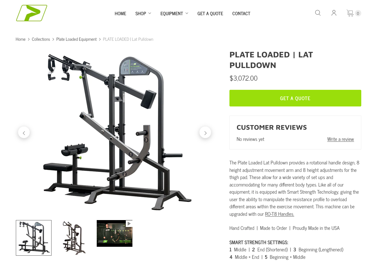 Screenshot of the Prime fitness plate loaded lat pulldown product listing on their official website, retailing at $3,072.00