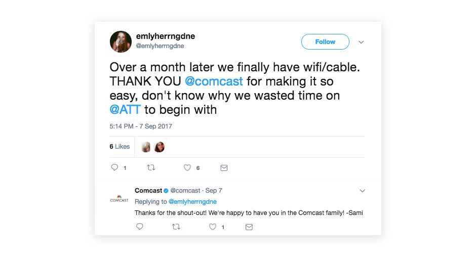 Screenshot of a Tweet where Comcast stepped in to provide wifi and cable to a customer when AT&T couldn't prove helpful fast enough.