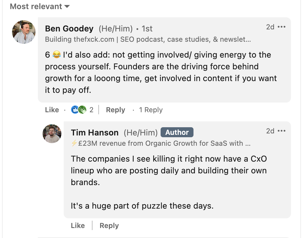 A conversation between Ben Goodey and Tim Hanson on LinkedIn about how businesses doing well right now have a C-Suite that posts on social media daily to build their personal brands.