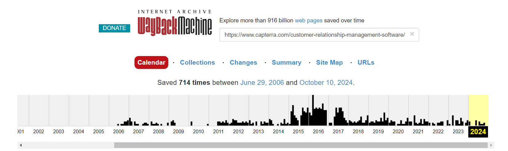 Wayback Machine results for a Capterra URL