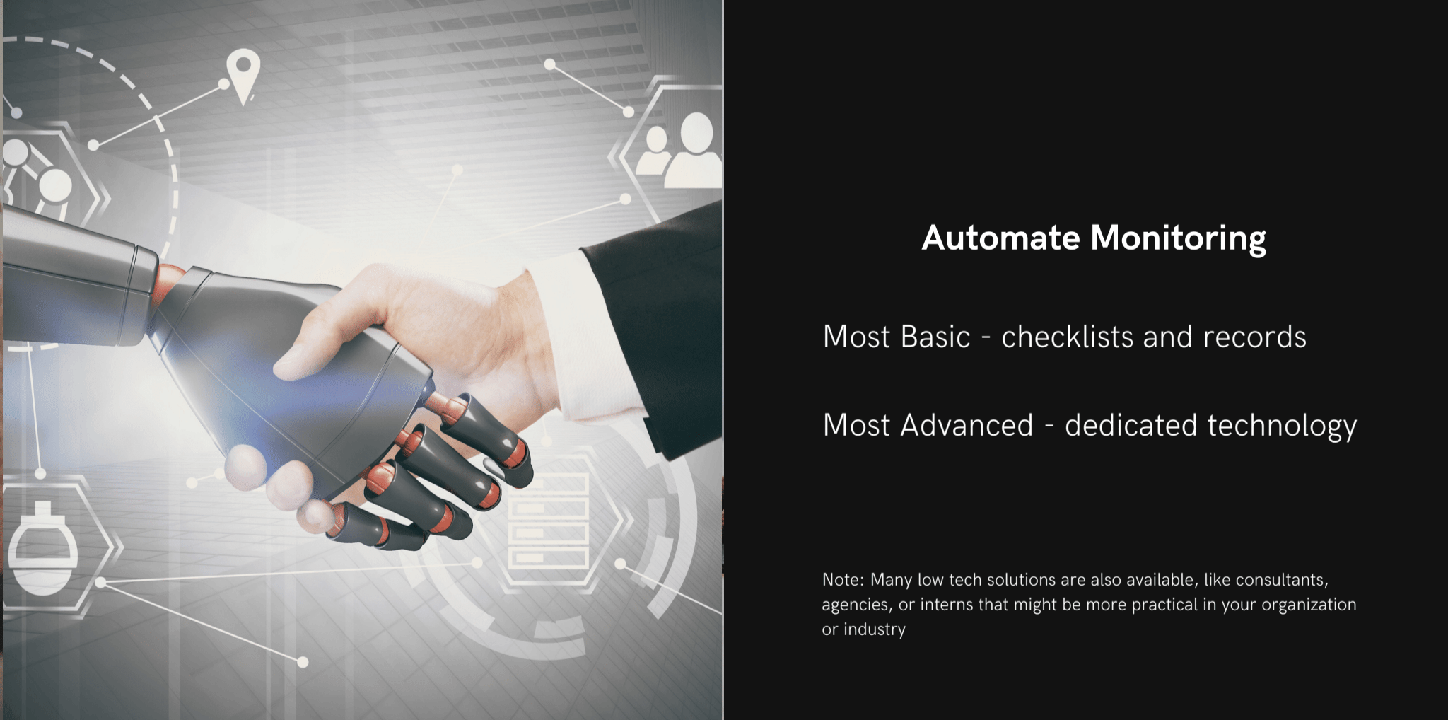 Image on the left shows a robot hand shaking a human hand. Text on the right reads "Automate Monitoring. Most Basic - checklists and records. Most Advanced - dedicated technology. Note: Many low tech solutions are also available, like consultants, agencies, or interns that might be more practical in your organization or industry."